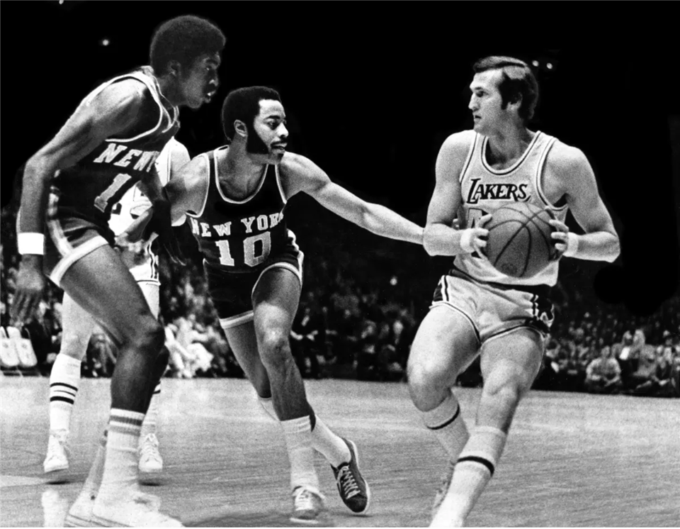 Jerry West in action for Lakers in NBA championship against New York Knicks, 1972